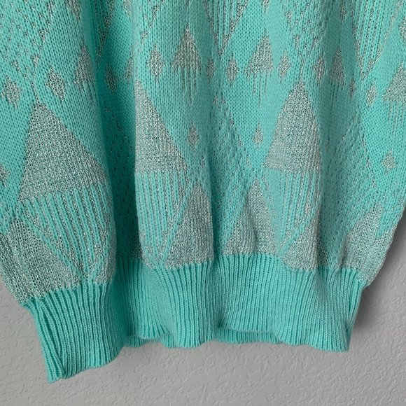 VINTAGE Mint Blue Christmas Ski Sweater Silver Winter Holiday Sweater Sparkly - Picture 8 of 12
